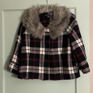 Faux fur collar plaid cropped jacket
